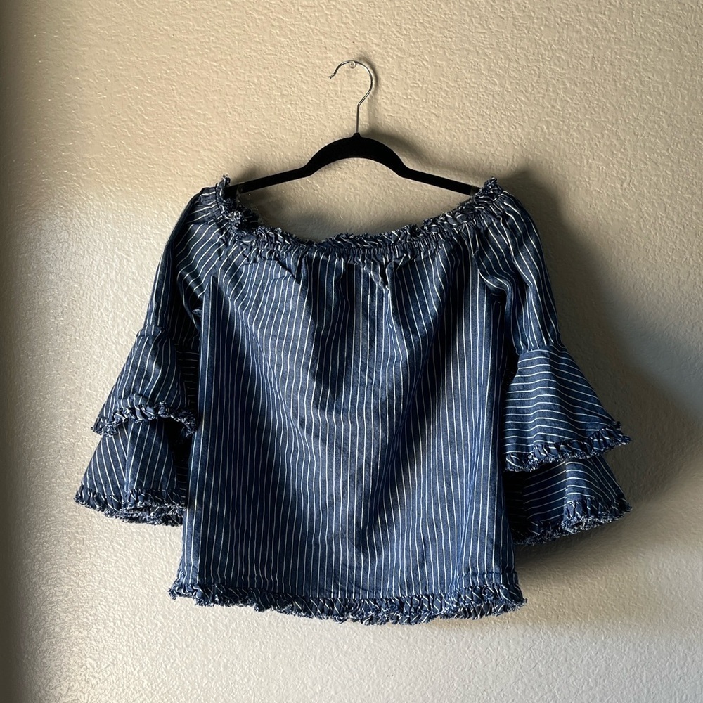 Beige by Eci Stripe Bell Sleeve Blouse  Women Sz L Blue White Off Shoulder Boho